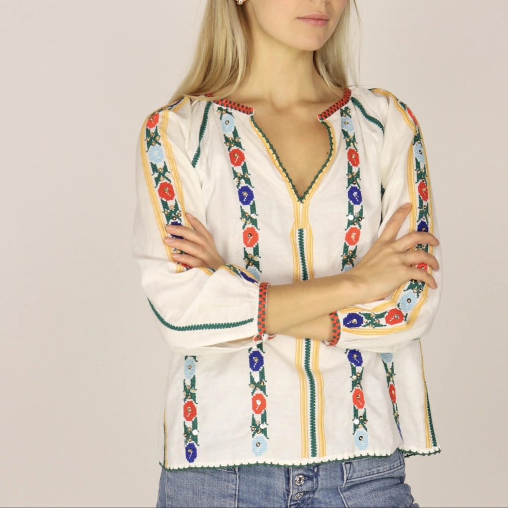 Love Sam Embroidered Linen Blend Top XS